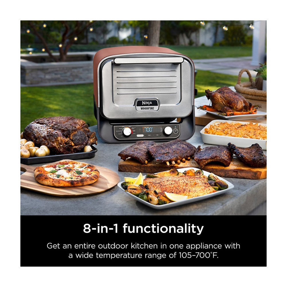 Ninja Woodfire Horno Eléctrico 8-en-1 para Exteriores | Woodfire Technology | Ahumador BBQ | Hornear y Asar | 1760W | Rojo
