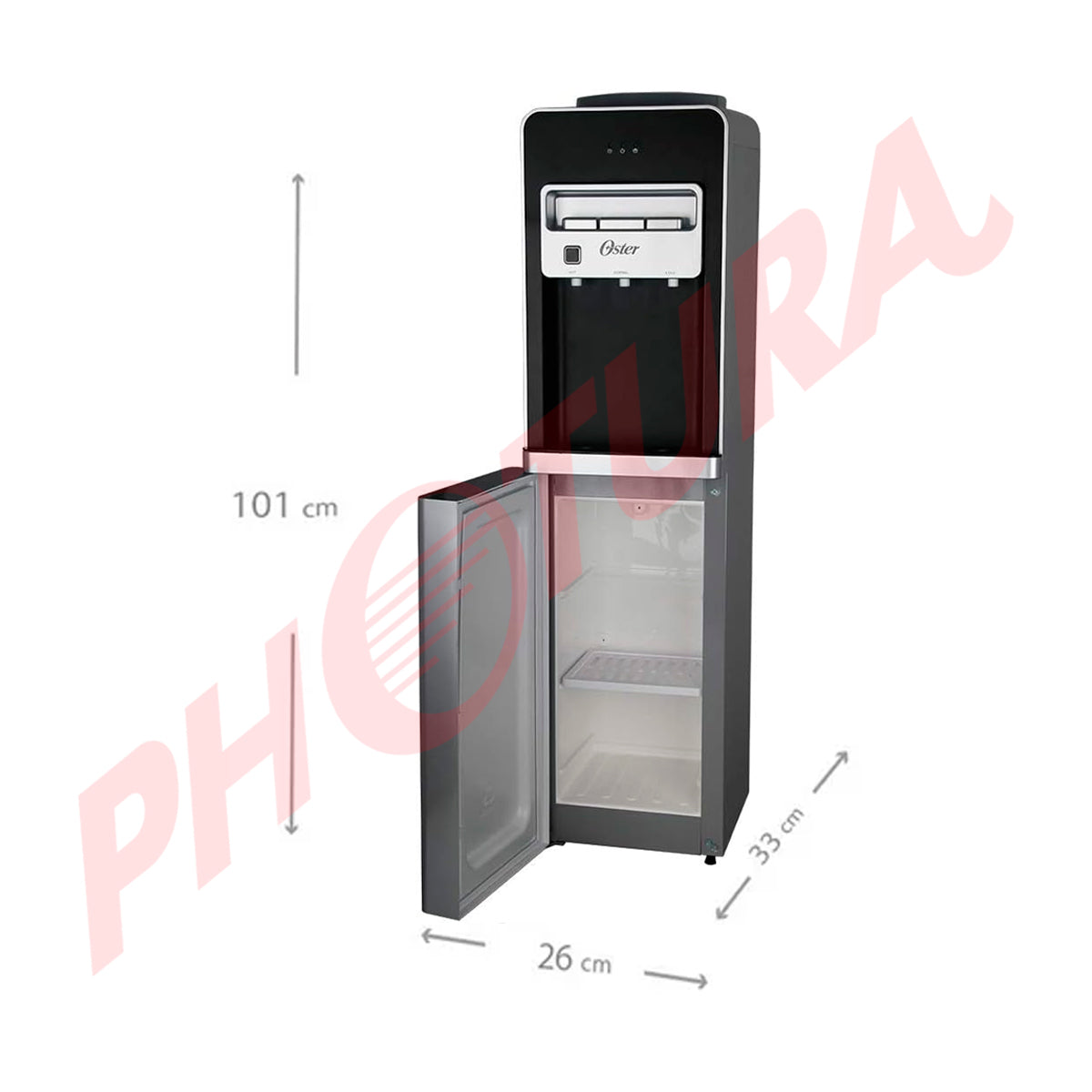 Oster OSWDA3200 Dispensador de Fría/Caliente/Ambiente | Compartimiento de Almacenaje | Garrafones de 11L y 19L | Gris Negro