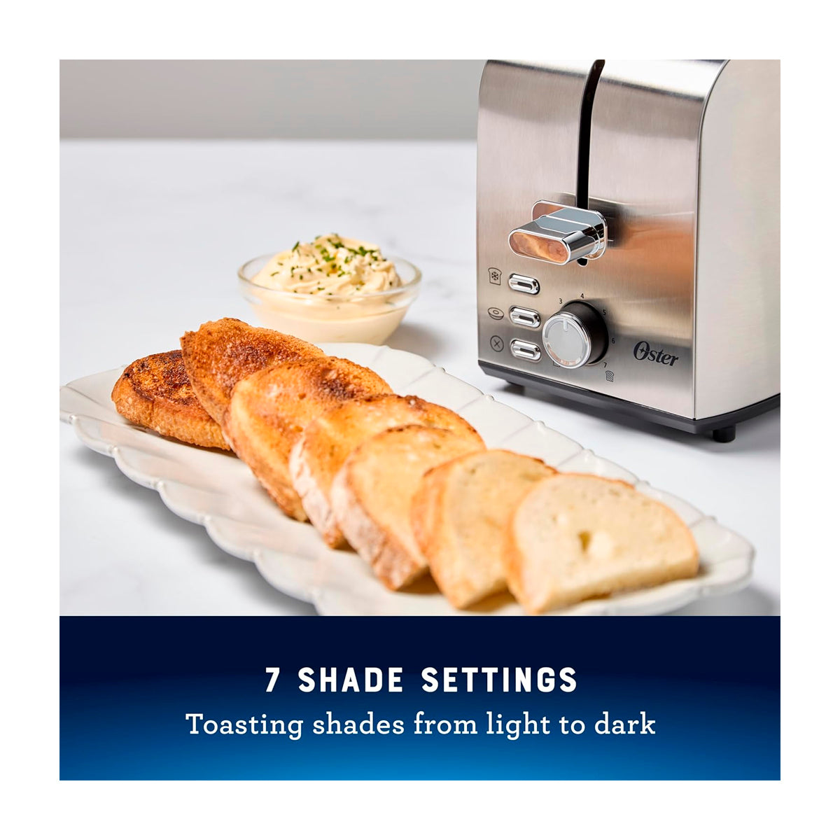 Oster OTST00MNSS2SGB24 Tostadora de 2 Rebanadas | 7 Niveles de Tostado | Ranuras Anchas | Acero