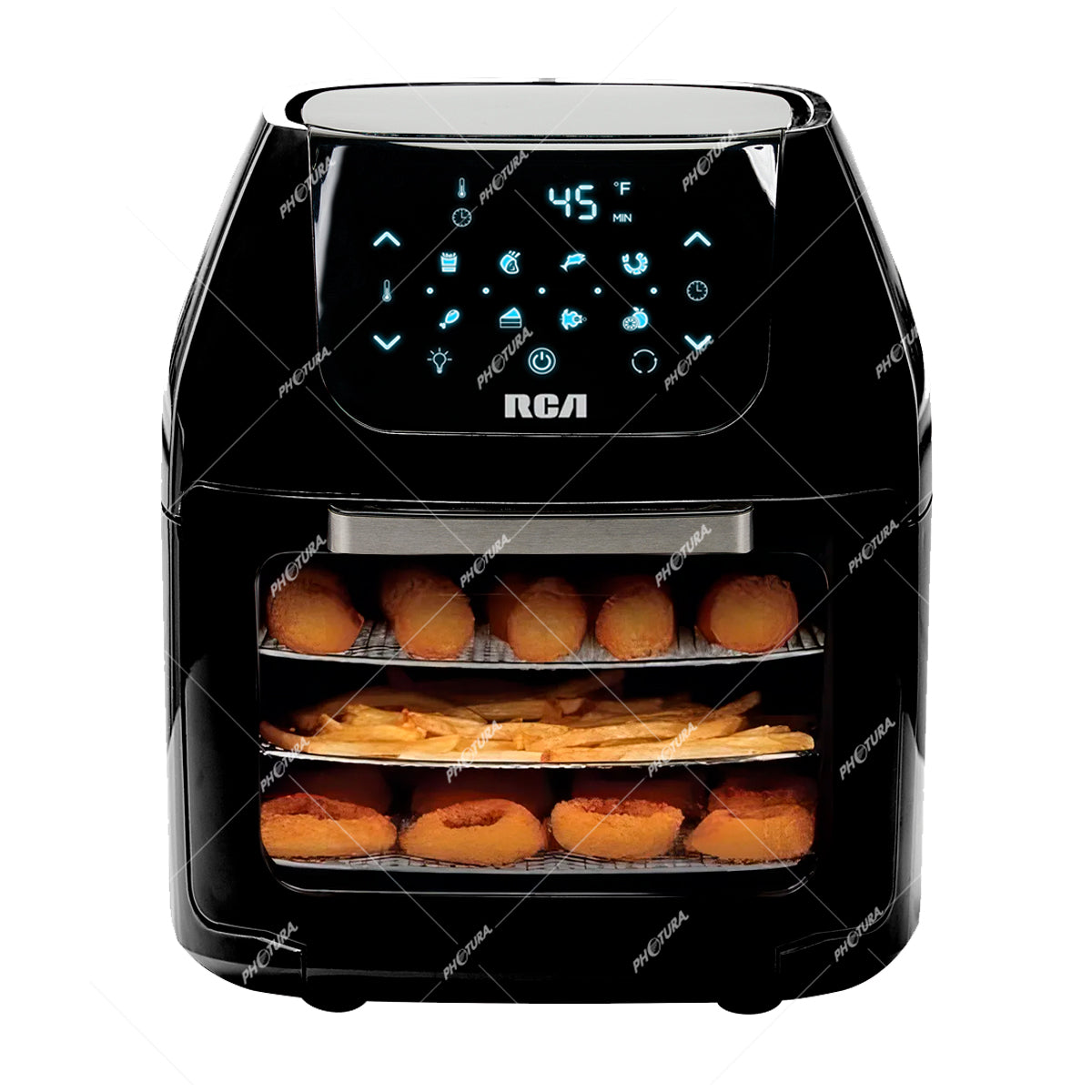RCA Horno Freidora de Aire Digital 7-en-1 | 8 Funciones | Control de Temperatura | Antiadherente | Negro