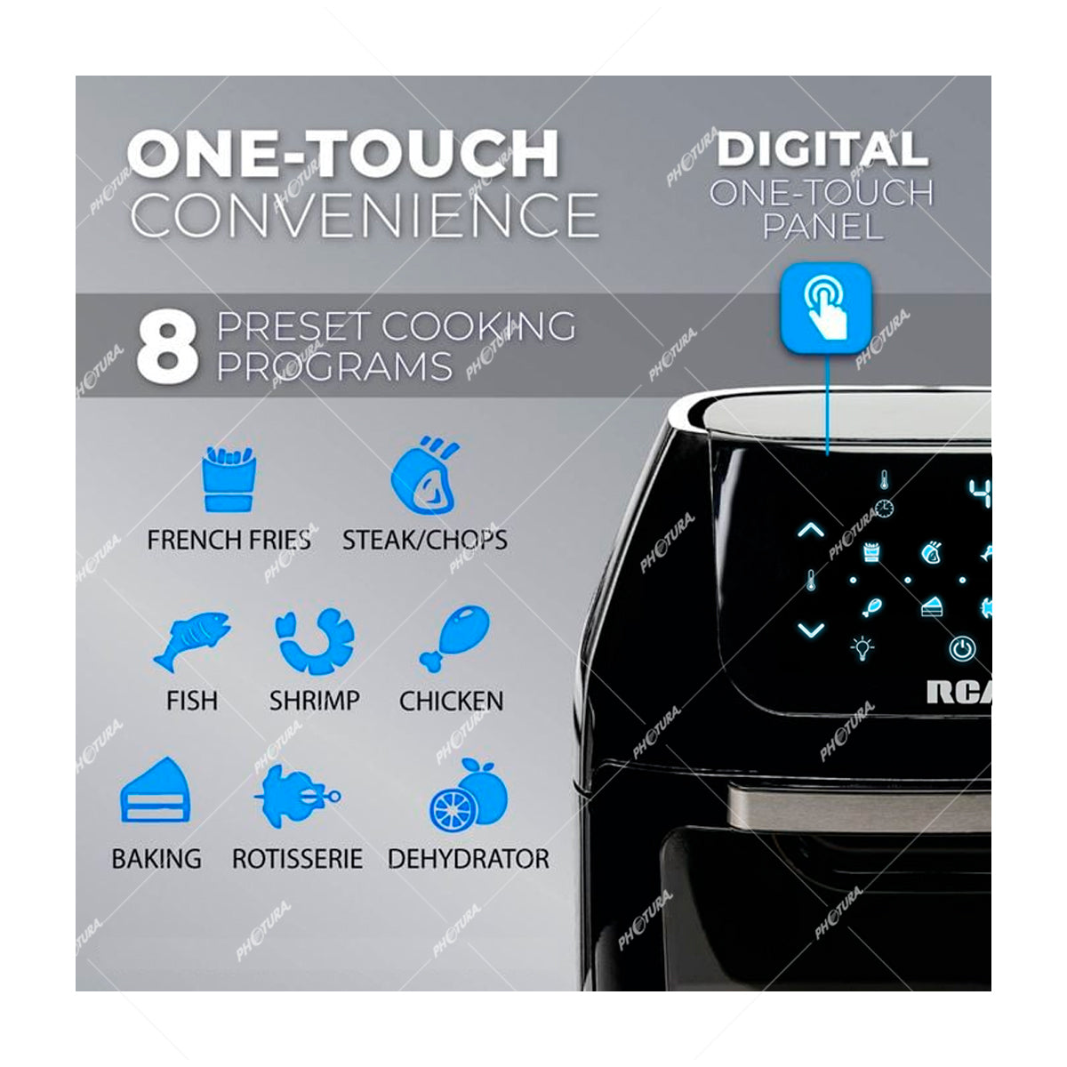 RCA Horno Freidora de Aire Digital 7-en-1 | 8 Funciones | Control de Temperatura | Antiadherente | Negro