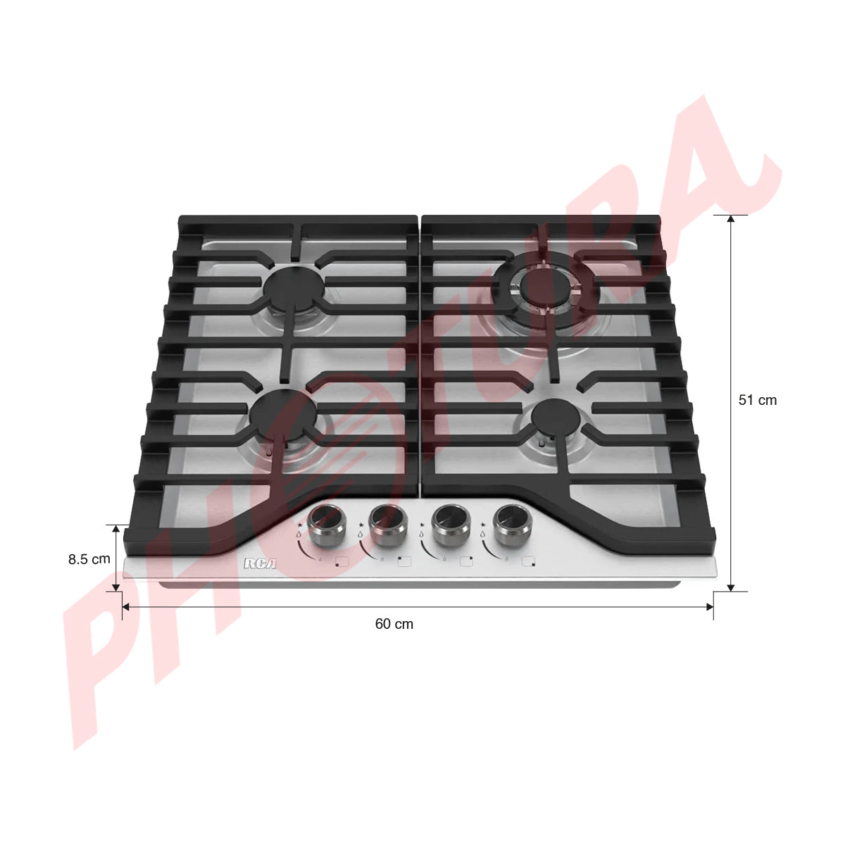 RCA Estufa Empotrable a Gas de Acero Inoxidable | 24" | 4 Quemadores | Encendido Electrónico
