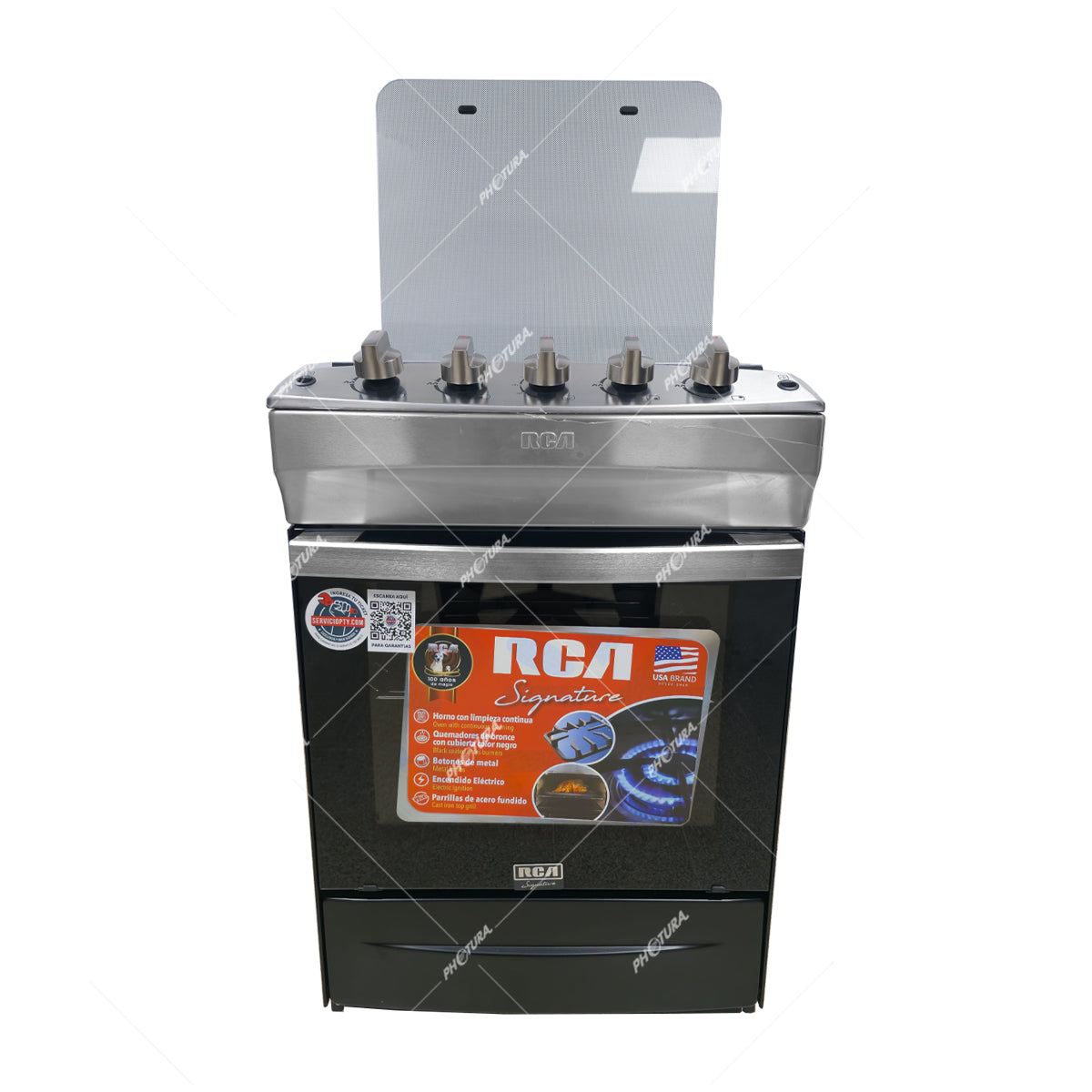 RCA Estufa a Gas de Acero Inoxidable | Enc. Eléctrico | Tapa | 24" | 4 Quemadores | Negro