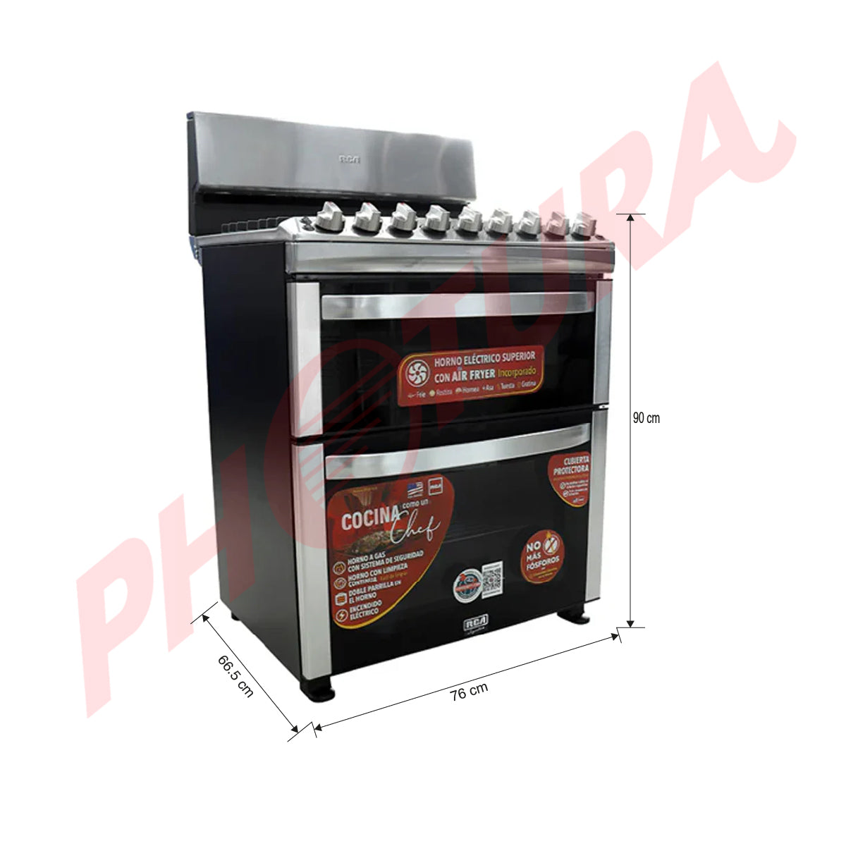 RCA Signature Estufa a Gas de Acero Inoxidable | Doble Horno | Air Fryer | Enc. Eléctrico | 30" | 5 Quemadores