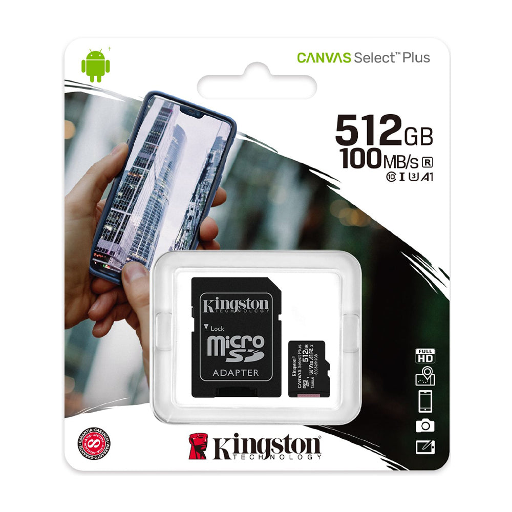 Kingston Memoria Micro SDXC de 512GB + Adaptador | UHS-I | V30 | U3 | Clase 10 | 100MB/s