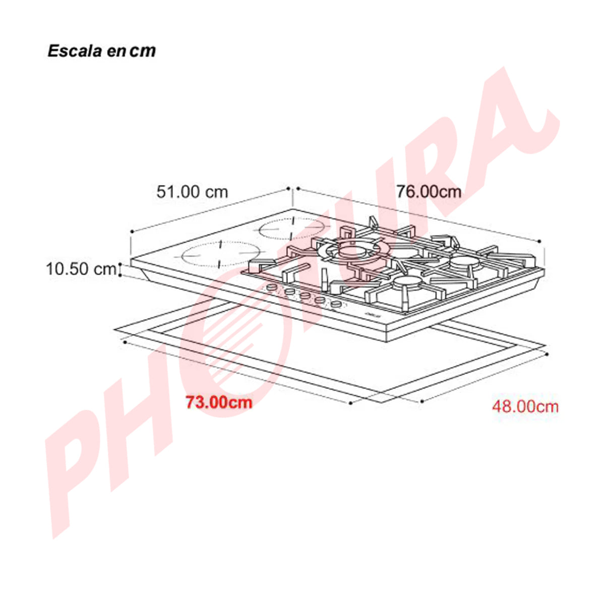 Drija Sicilia 76 Estufa Empotrable Dual (a Gas y Eléctrica) de Vidrio Templado | 5 Quemadores | Bloqueo de Seguridad