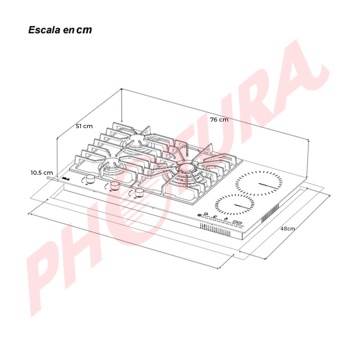 Drija Sicilia Touch 76 Estufa Empotrable Dual (a Gas y Eléctrica) de Vidrio Templado | 5 Quemadores | Bloqueo de Seguridad