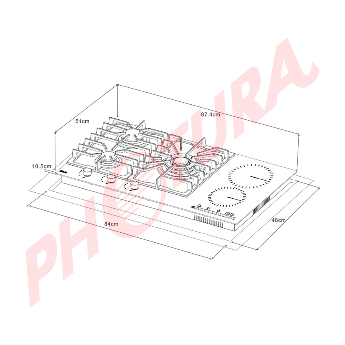 Drija Sicilia Touch 90 Estufa Empotrable Dual (a Gas y Eléctrica) de Vidrio Templado | 5 Quemadores | Bloqueo de Seguridad