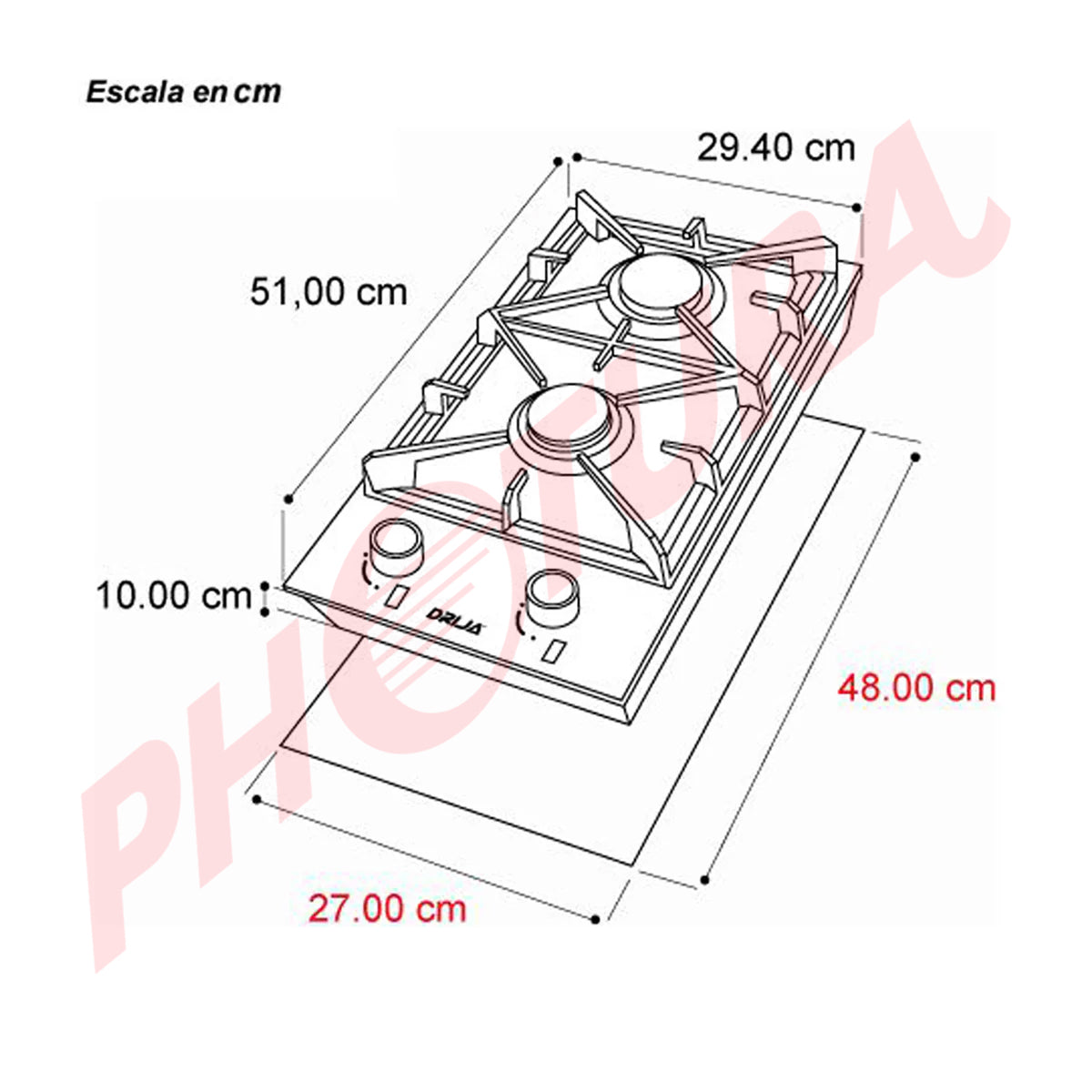 Drija Toscana 30 Estufa Empotrable a Gas de Vidrio Templado | 2 Quemadores | 2 Válvulas de Seguridad