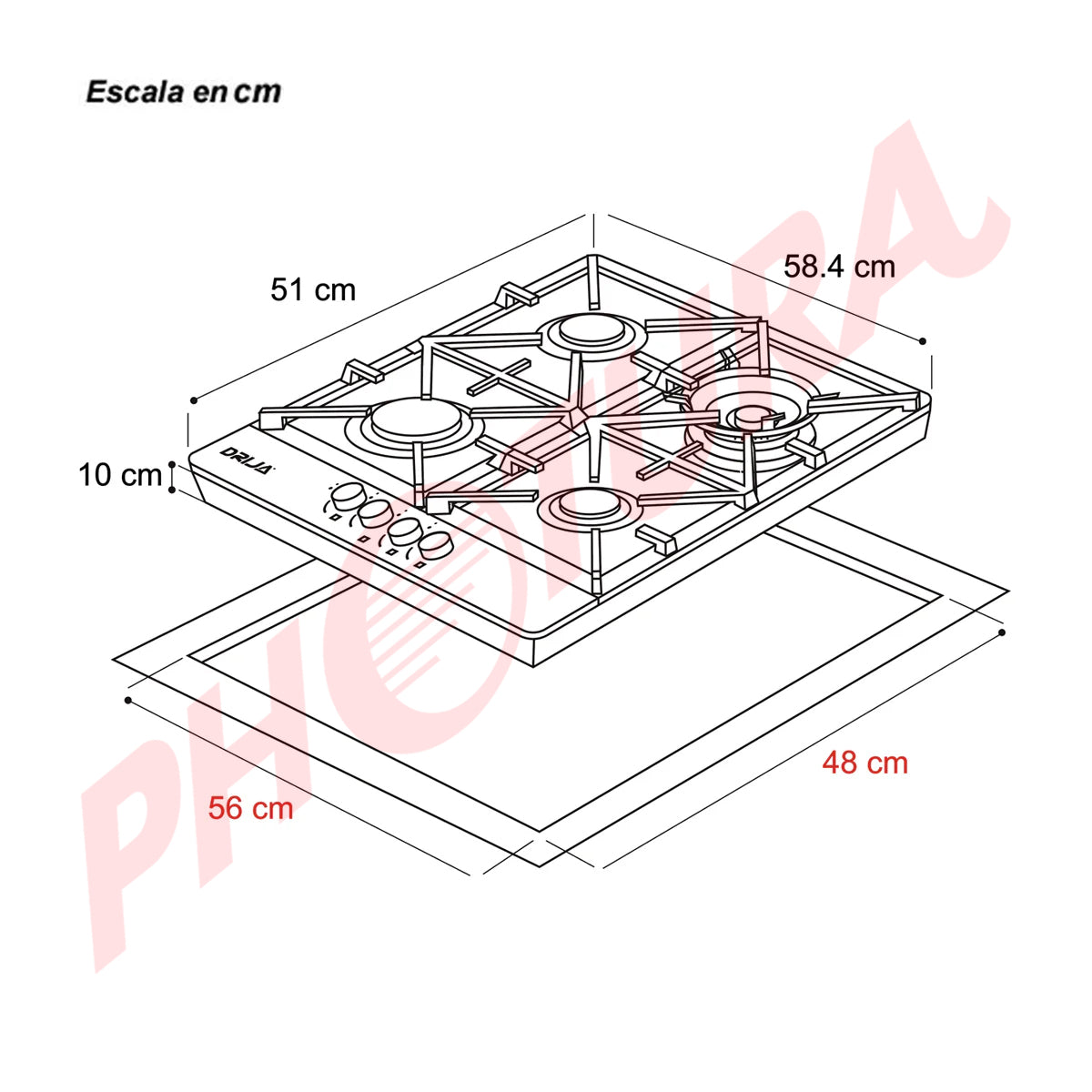 Drija Toscana 60 Pro Estufa Empotrable a Gas de Vidrio Templado | 4 Quemadores | 4 Válvulas de Seguridad