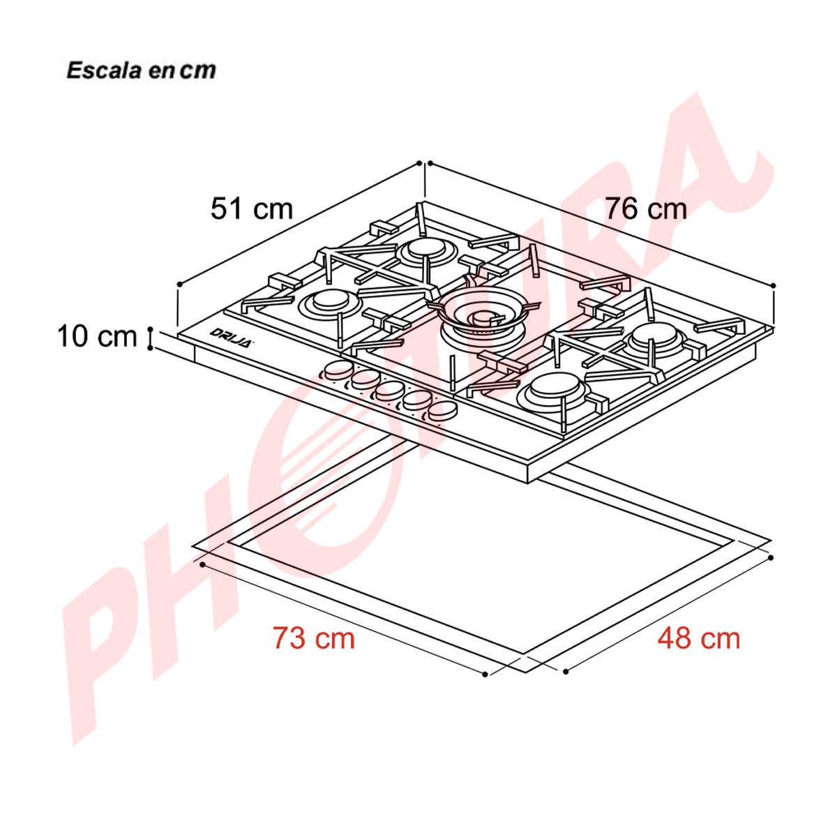 Drija Toscana 76 Pro Estufa Empotrable a Gas de Vidrio Templado | 5 Quemadores | 5 Válvulas de Seguridad