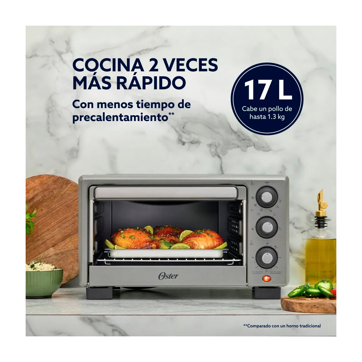 Oster TSSTTV17MAFNS Horno Eléctrico de 17L | Freidora de Aire | 4 Funciones | Temporizador | 1400W | Gris