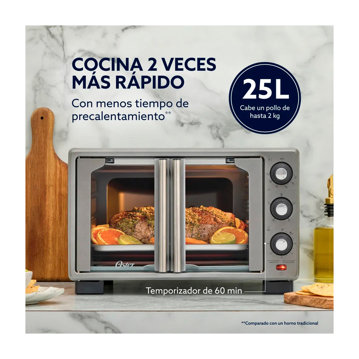Oster TSSTTV25FDMAFNS Horno Eléctrico de 25L | Estilo Francés | Freidora de Aire | 5 Funciones | Puerta de Vidrio | Gris