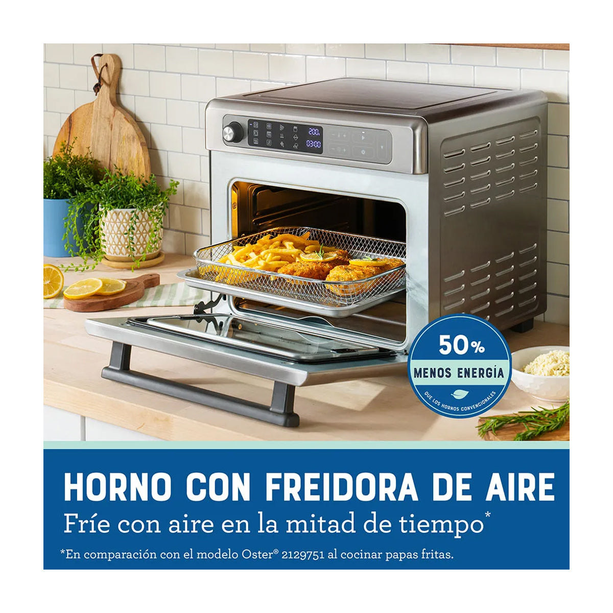 Oster TSSTTVDAF1NS Horno Eléctrico de 22L | Freidora de Aire | 12 Funciones | Plateado
