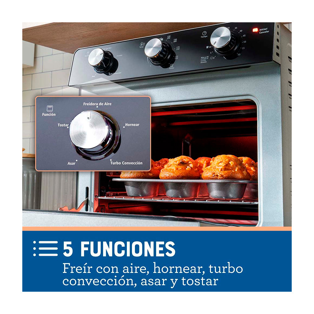Oster TSSTTVMAF1 Horno Eléctrico de 22L | Freidora de Aire | 5 Funciones | Negro Plateado