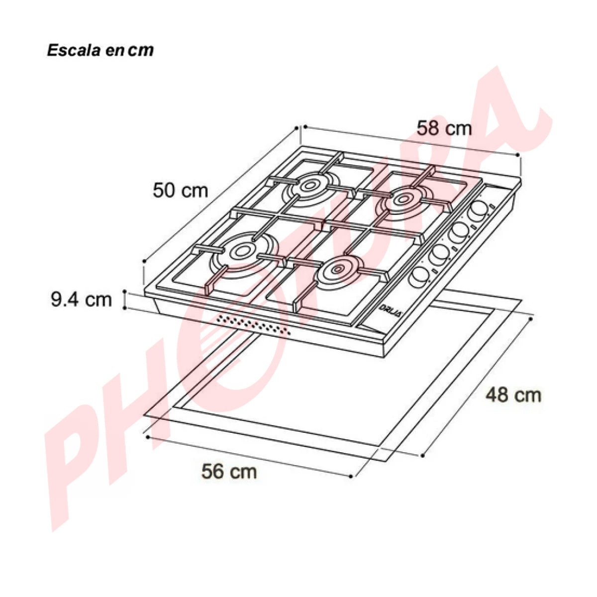 Drija Turin 60 Estufa Empotrable a Gas de Acero Inoxidable | 4 Quemadores | 4 Válvulas de Seguridad