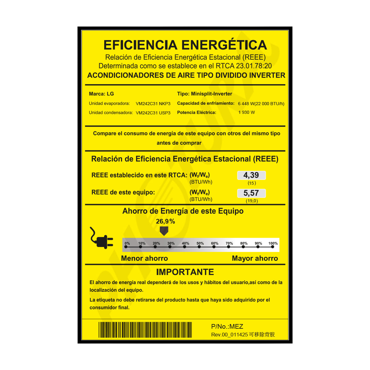 LG Aire Acondicionado Split Dual Inverter 22,000 BTU | SEER 19 | WiFi | ThinQ | Modo Silencioso | 220v