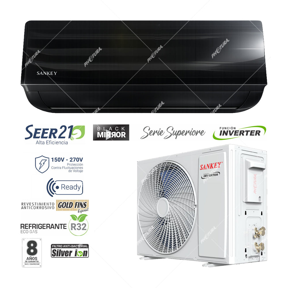 Sankey Aire Acondicionado Split Inverter Serie Superiore 12,000 BTU | SEER 21 | WiFi | Alta Eficiencia | Protección de Voltaje | Enfriamiento Supremo | Silver Ion | 220v | Black Mirror
