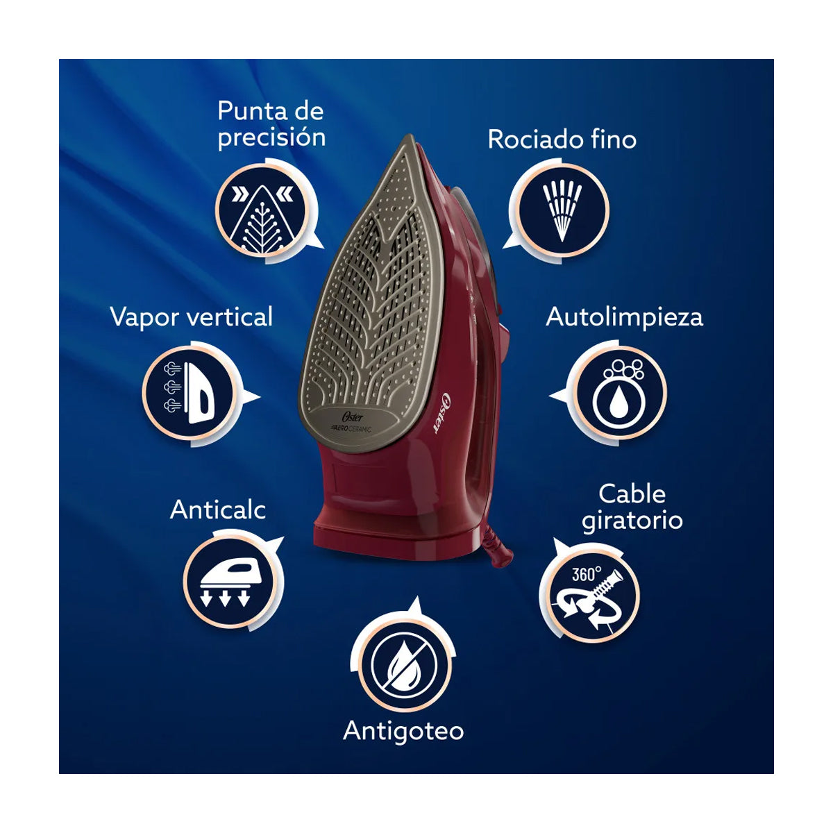 Oster GCSTAC7201 Plancha de Ropa a Vapor | 25% Mas Cobertura | Punta de Precision | Aero Ceramic | Sistema Anti-Calcificación | Rojo
