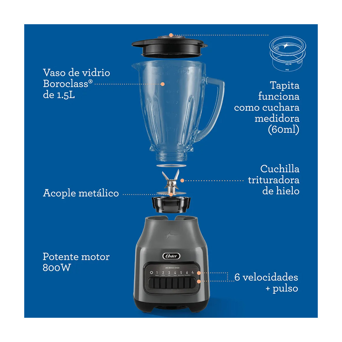 Oster BLSTPEGGPB Licuadora de 6 Velocidades | Boroclass | All-Metal Drive | Función de Pulso | 1.5L | 800W | Gris