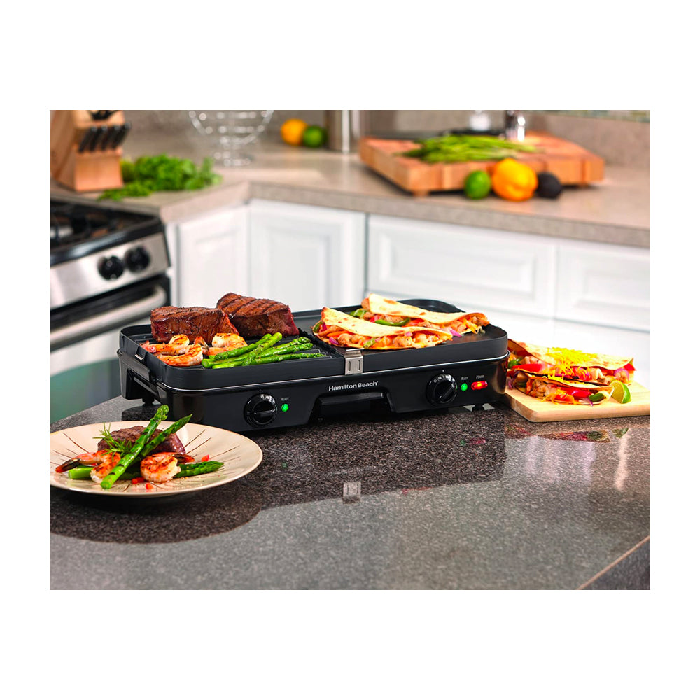 Hamilton Beach Parrilla Eléctrica 3 en 1 | Plancha | Bandeja de Goteo | Rejillas de Doble Cara | 1400W | Negro