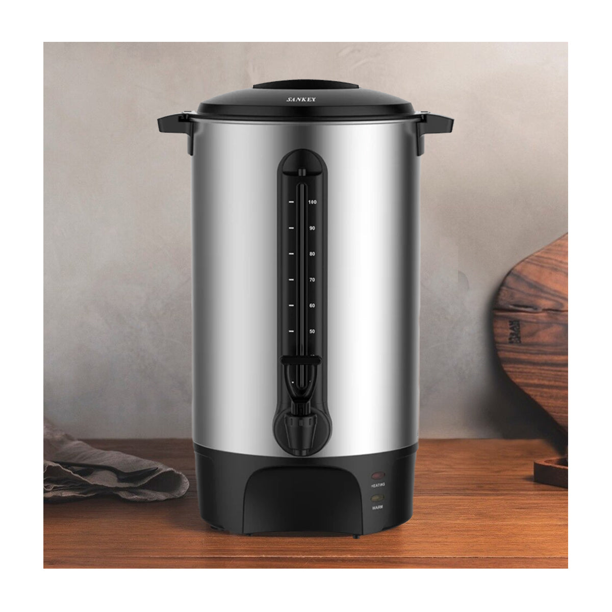 Sankey Cafetera Percoladora Comercial de 100 Tazas | Salida Bidireccional | Acero Inoxidable | Plateado