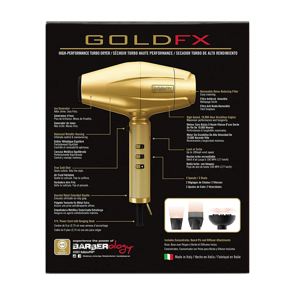 BaBylissPRO GOLDFX Secador de Cabello | Alto Rendimiento | Turbo | Gold