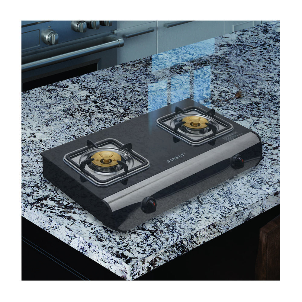 Sankey Estufa de Mesa a Gas | 2 Quemadores de Bronce | Cubierta de Vidrio | Control de Temperatura | Negro