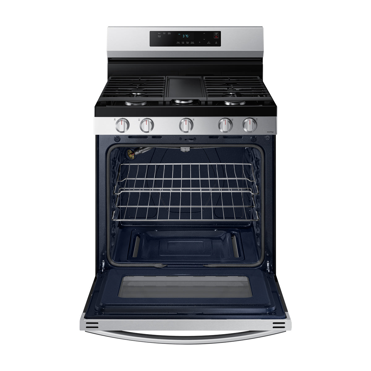 Samsung Estufa a Gas de Acero Inoxidable | WiFi Smart | 6p3 | Hornalla Doble 17.000 BTU | Control de Voz (Alexa y Google) | Panel Digital | Plancha | 30" | 5 Quemadores