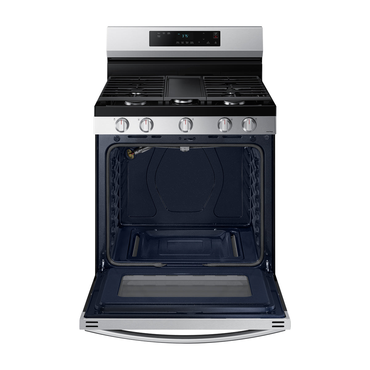 Samsung Estufa a Gas de Acero Inoxidable | WiFi Smart | 6p3 | Hornalla Doble 17.000 BTU | Control de Voz (Alexa y Google) | Panel Digital | Plancha | 30" | 5 Quemadores