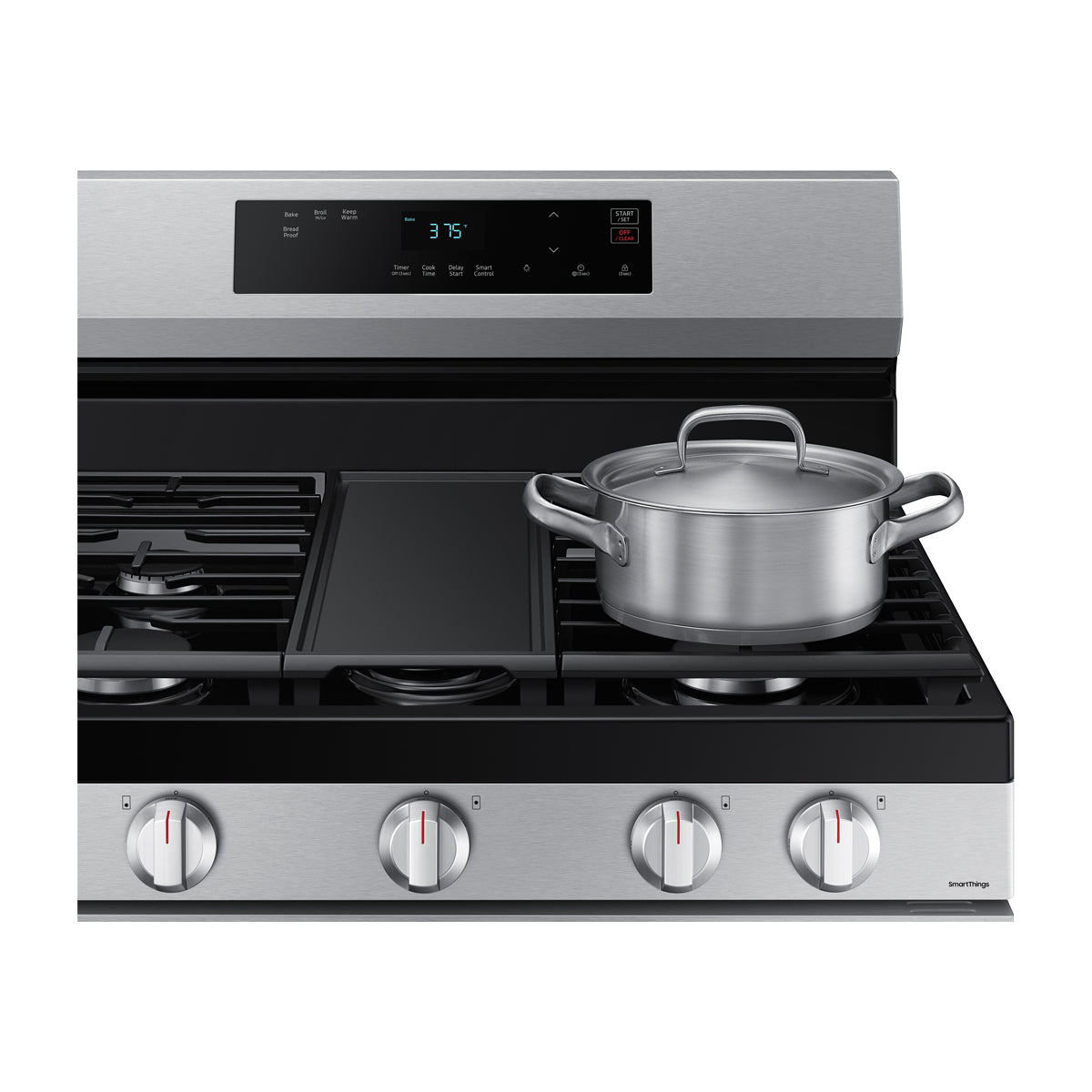 Samsung Estufa a Gas de Acero Inoxidable | WiFi Smart | 6p3 | Hornalla Doble 17.000 BTU | Control de Voz (Alexa y Google) | Panel Digital | Plancha | 30" | 5 Quemadores