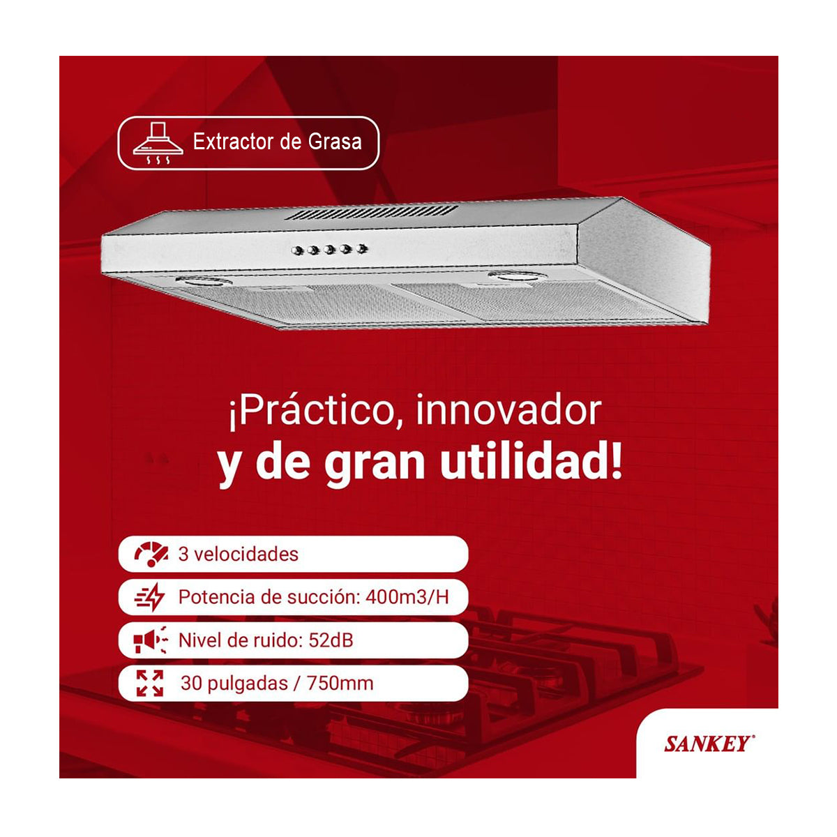 Sankey Extractor de Grasa de 75cm | Tipo Compacto | 3 Velocidades | 2 Filtros de Aluminio | 400m3/H
