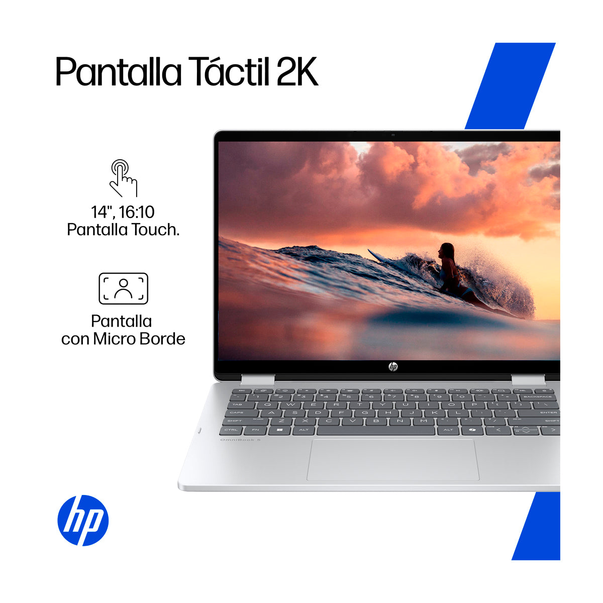 HP OmniBook 5 Flip Laptop Convertible 14" 2K Táctil, Intel Core i5-1334U, 16GB RAM, 512GB SSD, Intel Iris Xe, Windows 11 Home | Plateado