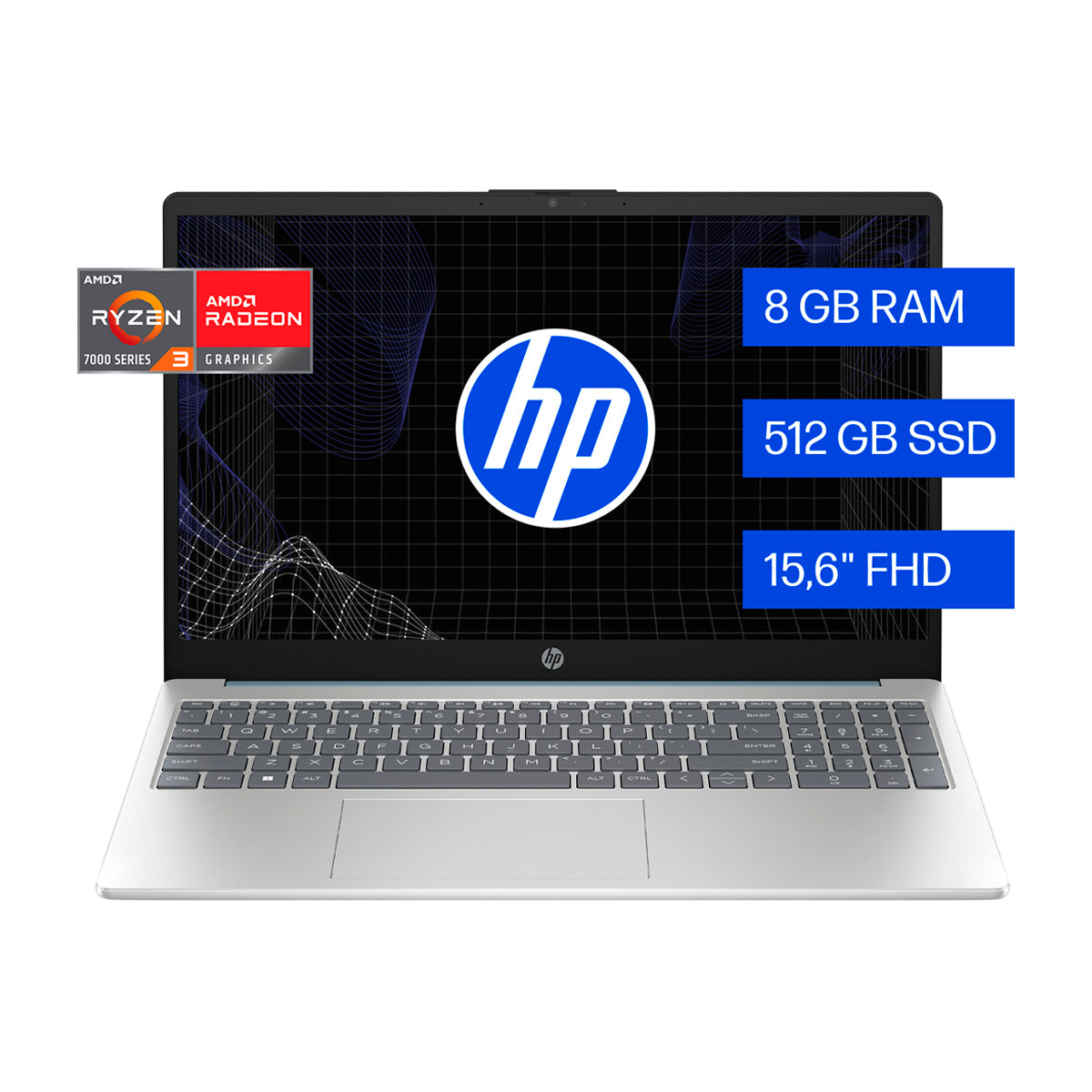 HP Laptop 15.6" FHD, AMD Ryzen 3 7320U, 8GB RAM, 512GB SSD, AMD Radeon, Windows 11 Home | Plateado Azul