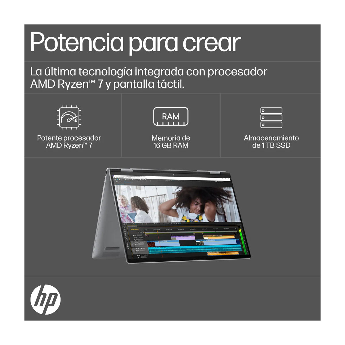 HP Envy x360 Laptop 16" 2.8K OLED Táctil, AMD Ryzen 7 8840HS, 16GB RAM, 1TB SSD, AMD Radeon, Audio Poly Studio, Windows 11 Home | Plateado