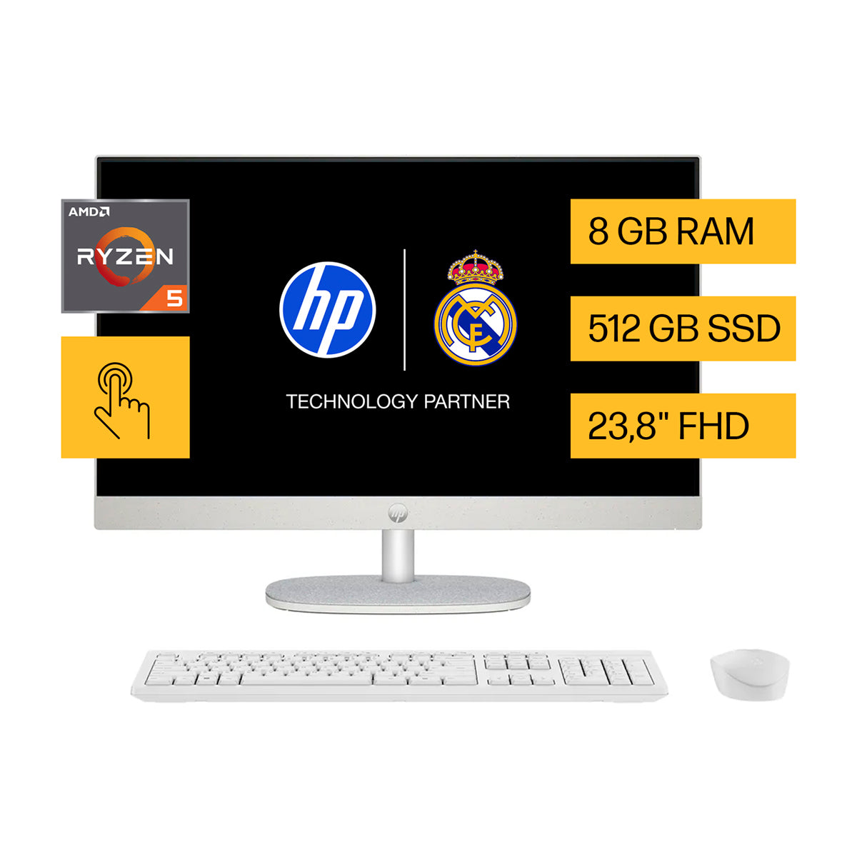 HP Computadora de Escritorio All in One de 23.8" FHD Táctil, AMD Ryzen 5 7520U, 8GB RAM, 512GB SSD, AMD Radeon, Windows 11 Home | Blanco