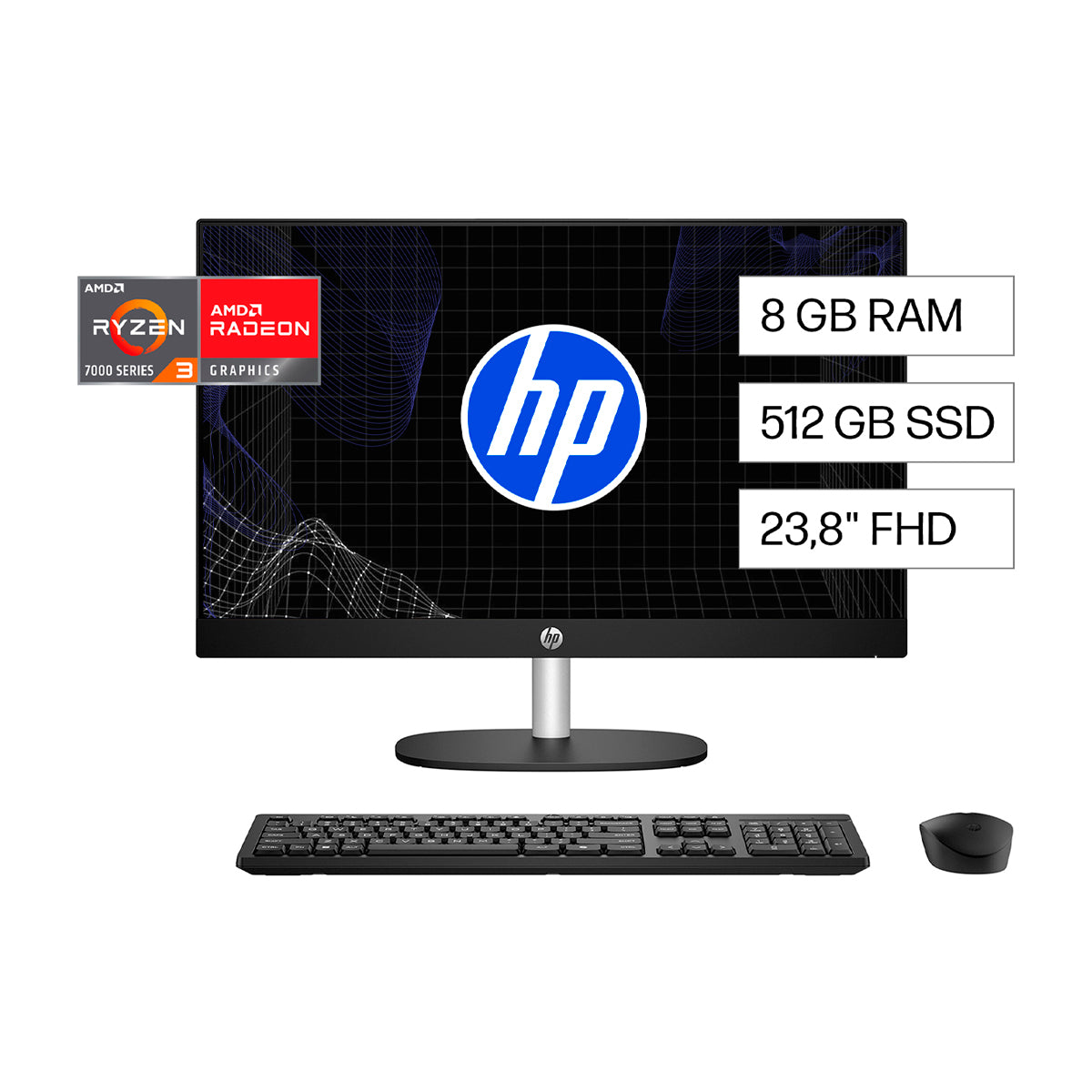 HP Computadora de Escritorio All in One de 23.8" FHD, AMD Ryzen 3 7320U, 8GB RAM, 512GB SSD, AMD Radeon, Windows 11 Home | Negro