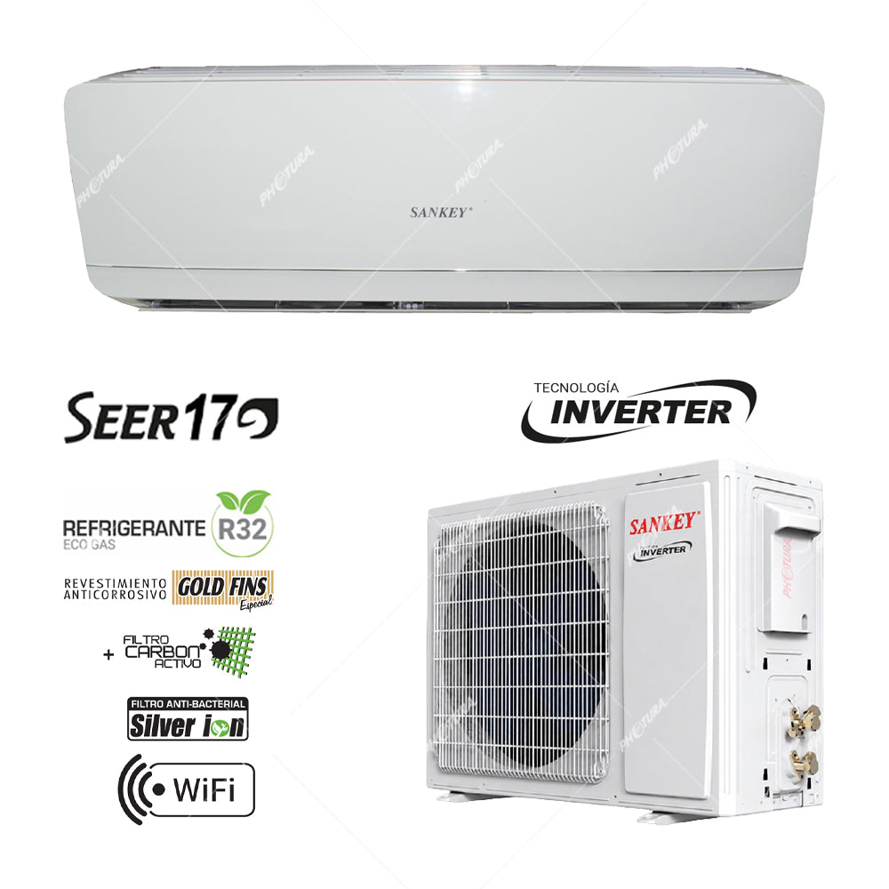 Sankey Aire Acondicionado Split Inverter 34,000 BTU | SEER 17 | WiFi | Enfriamiento Supremo | Silver Ion | Filtro de Carbón Activo | 220v
