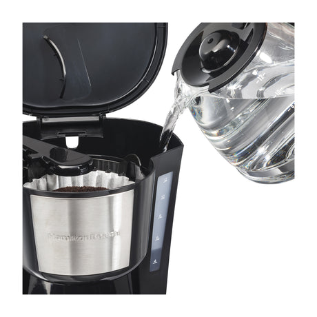 Hamilton Beach Cafetera de 12 Tazas | Programable | Pantalla LED | Negro Plateado