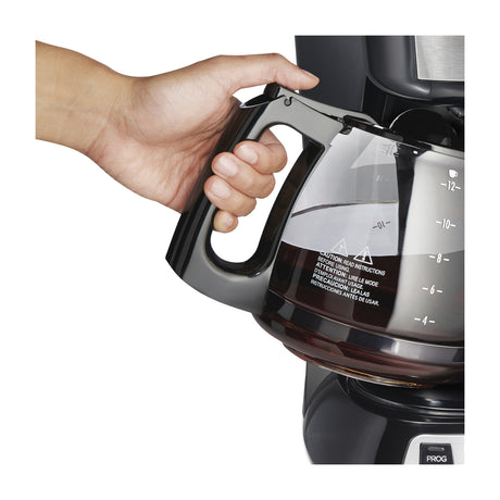 Hamilton Beach Cafetera de 12 Tazas | Programable | Pantalla LED | Negro Plateado