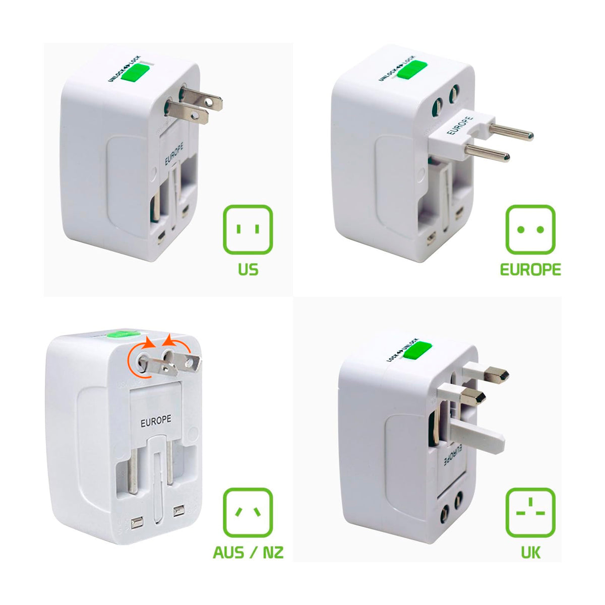 Okahama Adaptador universal con Protector de Sobretensión | 2 Puertos USB | 5 enchufes | 110 - 240 V