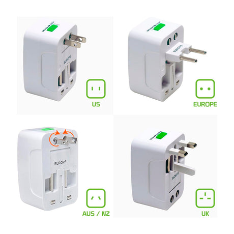 Okahama Adaptador Universal con Protector de Sobretensión | 2 Puertos USB | 5 Enchufes | 110 - 240 V