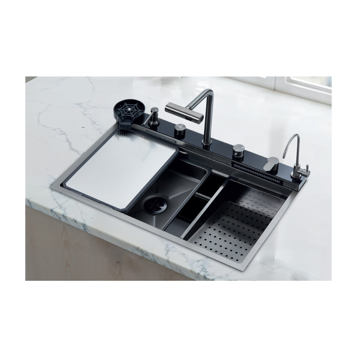 DRIJA Amalfi 84 Fregador Moderno de Acero Inoxidable | Sistema Anti Reboso | Enjuagador de Vasos | Dispensador de Jabón