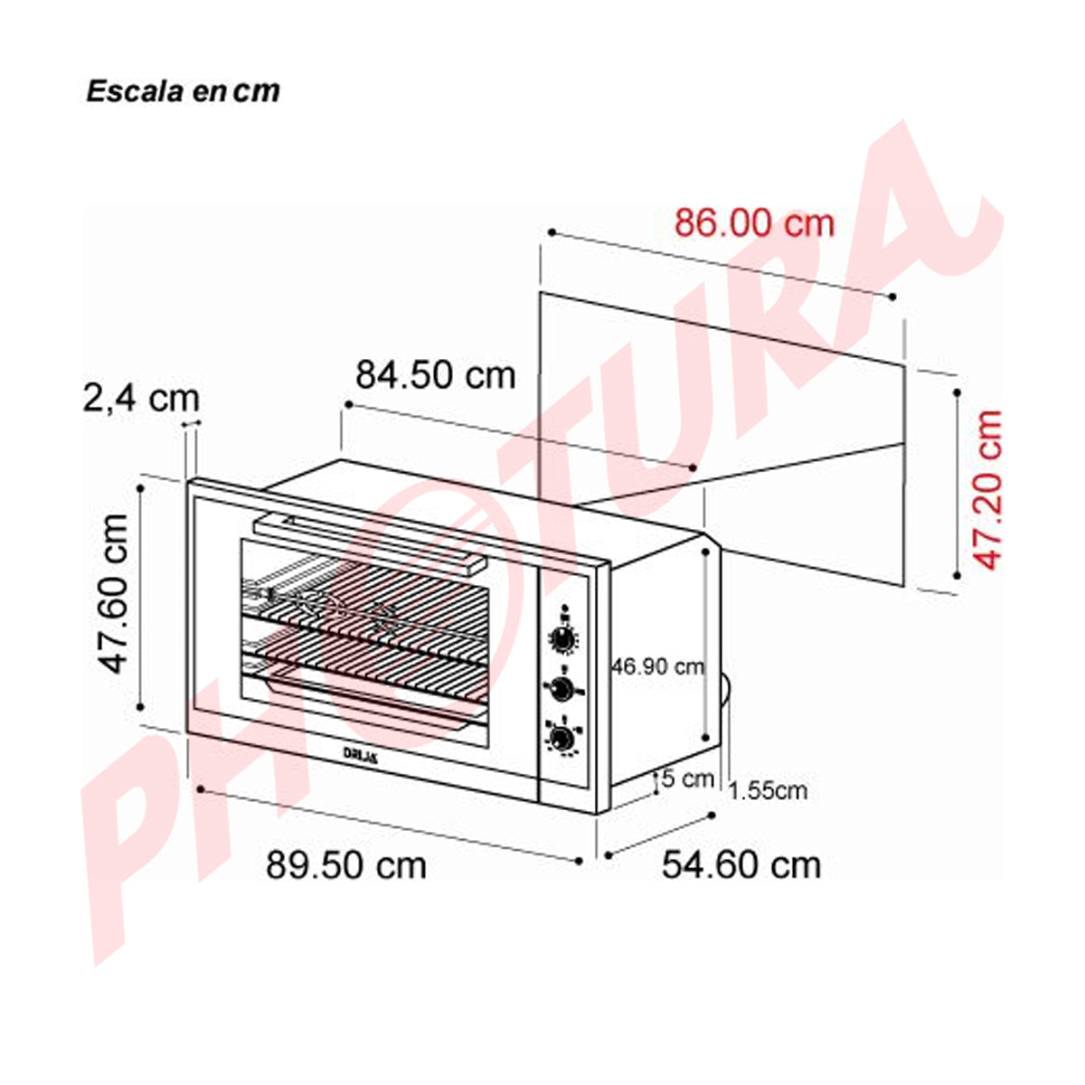 Drija América 90 Gas Grill Horno Multifuncional Empotrable a Gas | Puerta de Triple Vidrio | 250°C
