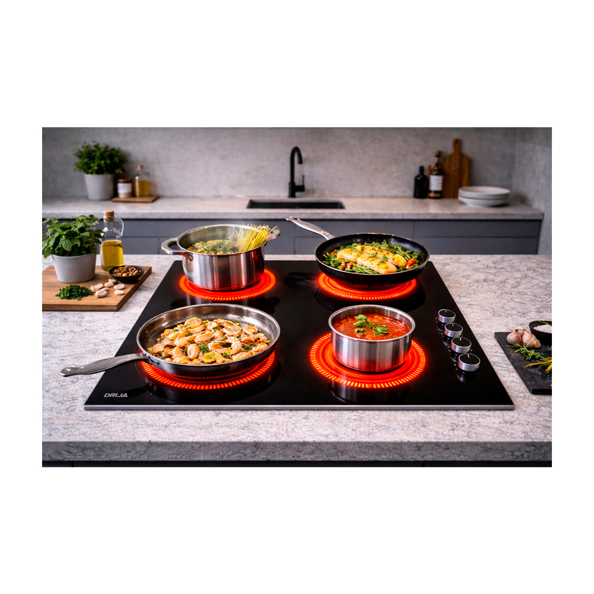 Drija Bari 60-A Estufa Empotrable Eléctrica de Vitrocerámica | 4 Quemadores | 9 Niveles de Temperatura