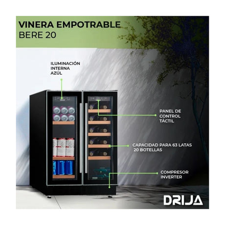 DRIJA Bere 20 Vinera Empotrable de Compresor Inverter de 20 Botellas | Rejillas de Madera Deslizables