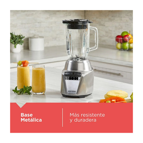 Black & Decker Ice Crush Licuadora de 8 Velocidades | Función de Pulso | Base Metálica | Jarra de Vidrio | 1.25L | 700W | Plateado