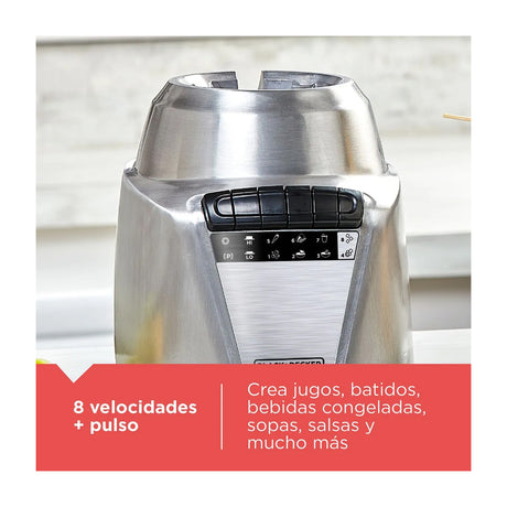 Black & Decker Ice Crush Licuadora de 8 Velocidades | Función de Pulso | Base Metálica | Jarra de Vidrio | 1.25L | 700W | Plateado