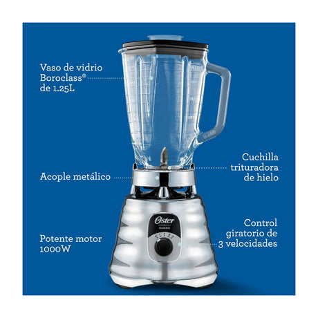 Oster BLST4655 Licuadora de 3 Velocidades | All-Metal Drive | 1.25L | 1000W | Cromado