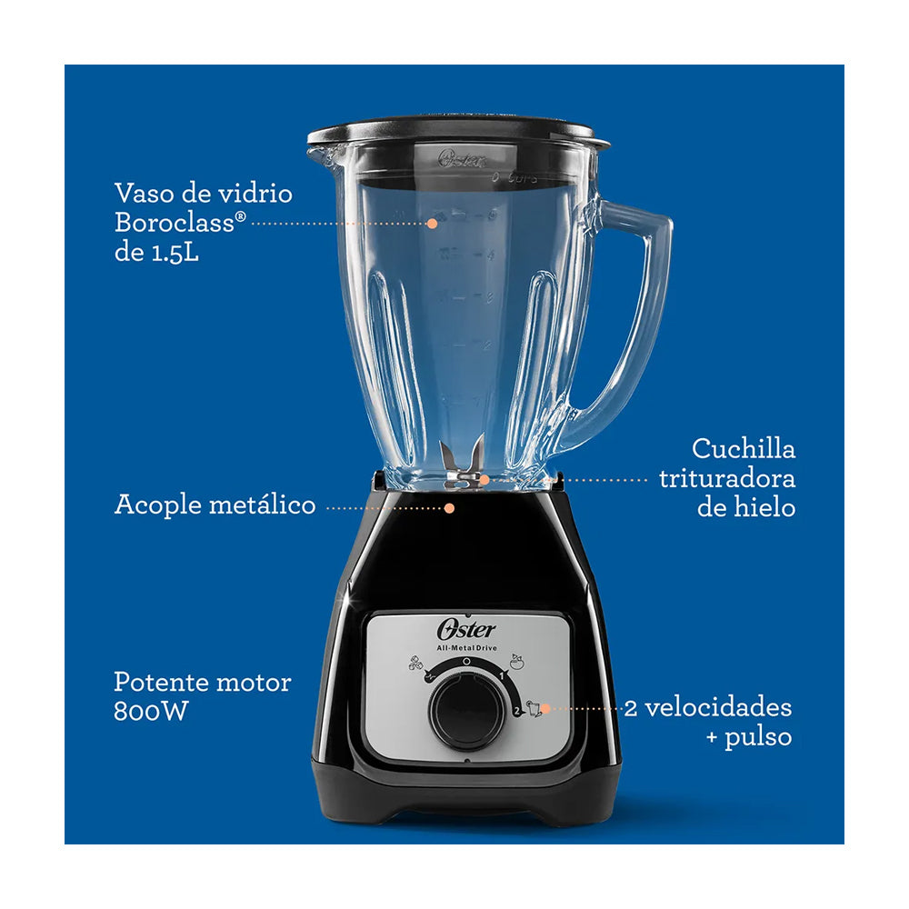Oster BLSTKAGBRD Licuadora de 2 Velocidades | Boroclass | All-Metal Drive | Función de Pulso | 1.5L | 800W | Negro